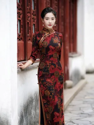 Chinese Style Classic Festive Vintage Red Cheongsam Dress with Floral Print for Women