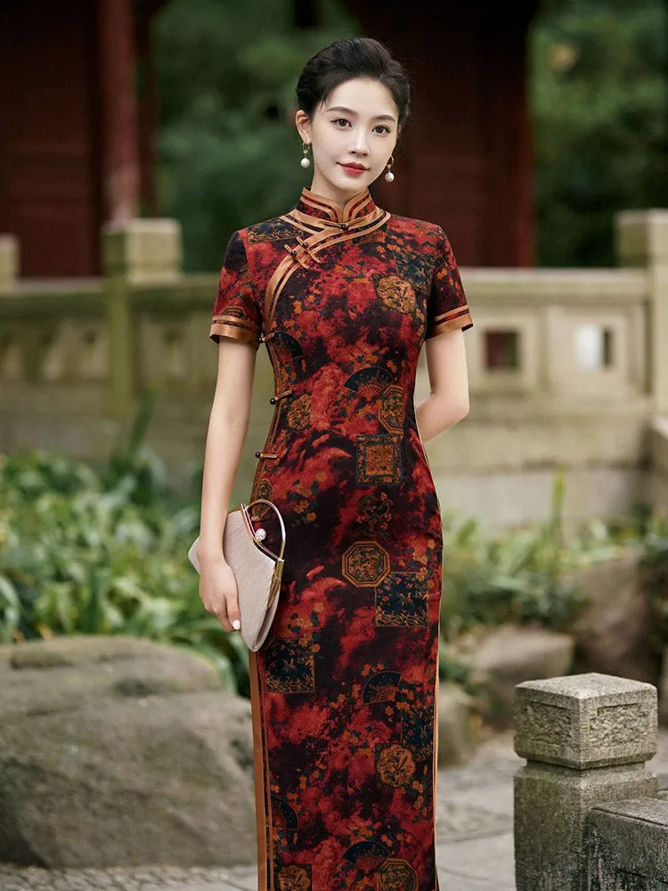 Chinese Style Classic Festive Vintage Red Cheongsam Dress with Floral Print for Women