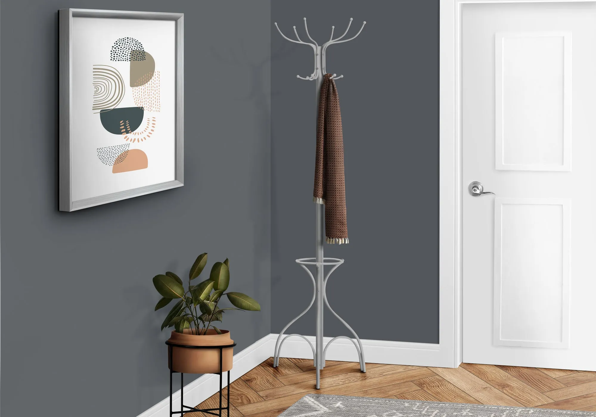 Coat Rack, Hall Tree, Free Standing, 12 Hooks, Entryway, 70"h, Umbrella Holder, Bedroom, Grey Metal, Contemporary, Modern