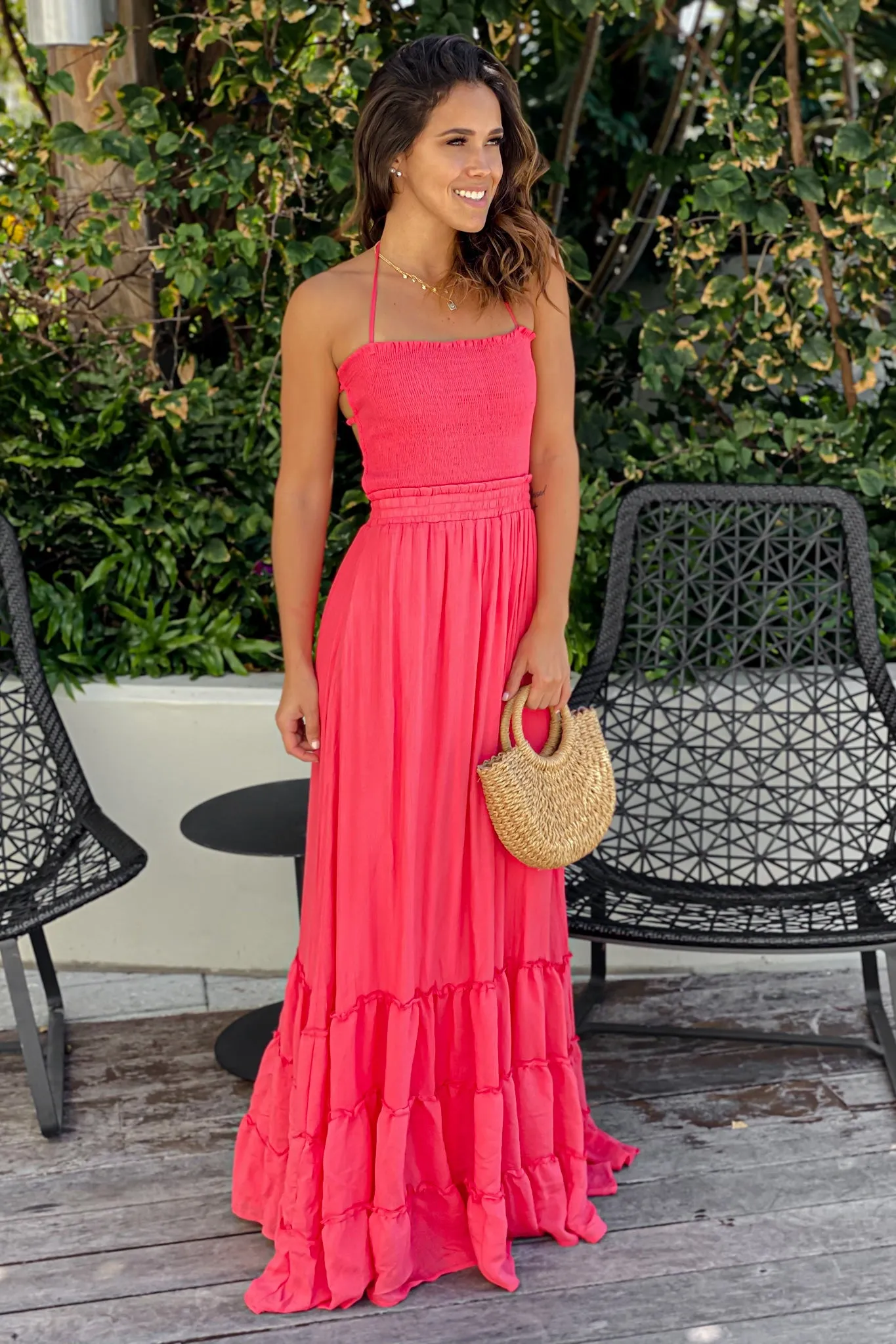 Coral Maxi Dress with Strappy Back