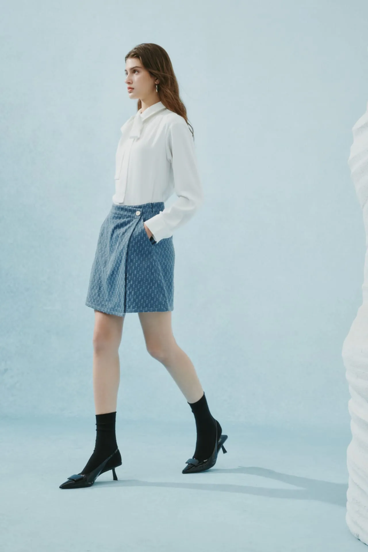 Cotton Denim Jacquard Mini Skirt