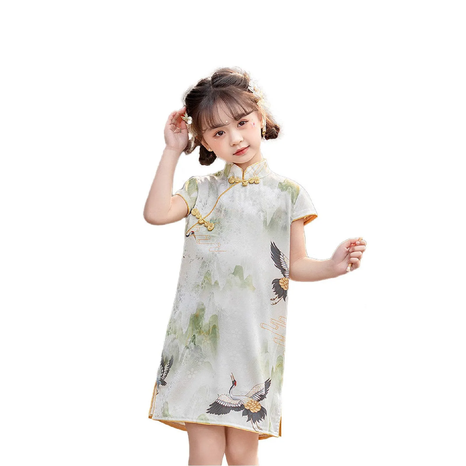 'Crane' Girls' Traditional Chinese Pattern Cheongsam