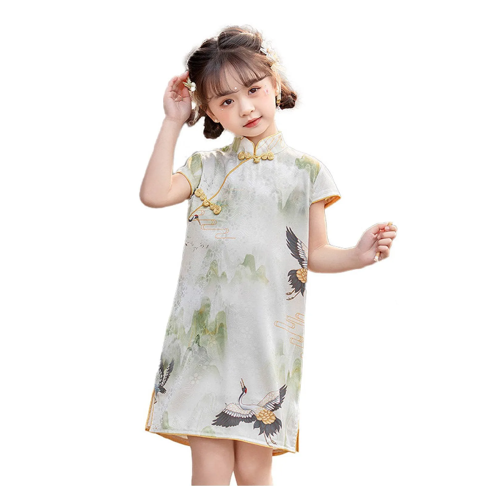 'Crane' Girls' Traditional Chinese Pattern Cheongsam