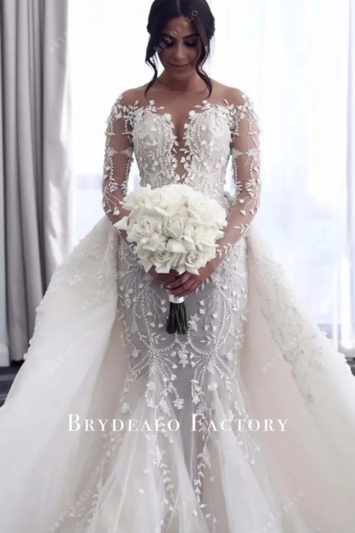 Custom Lace Long Sleeve Mermaid Wedding Dress with Overskirt