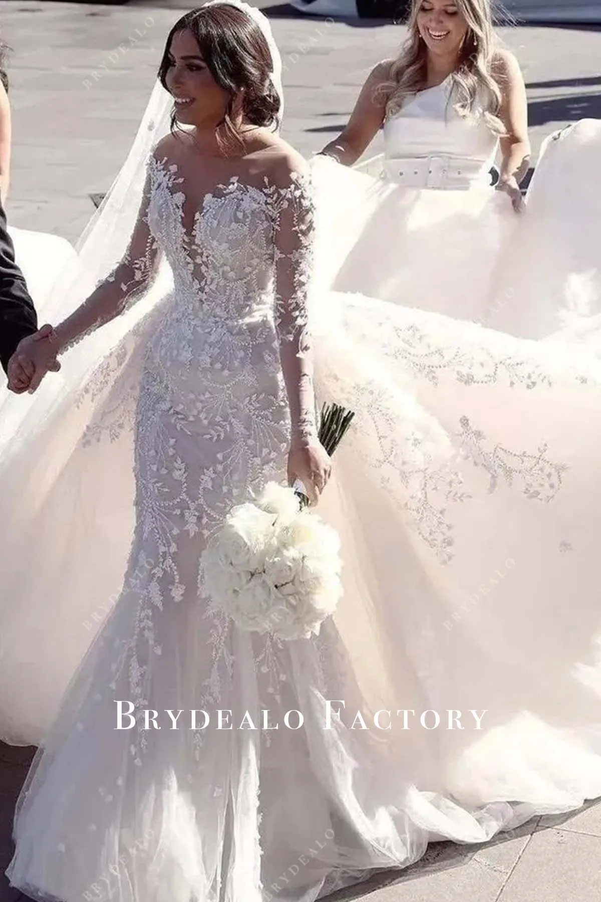 Custom Lace Long Sleeve Mermaid Wedding Dress with Overskirt