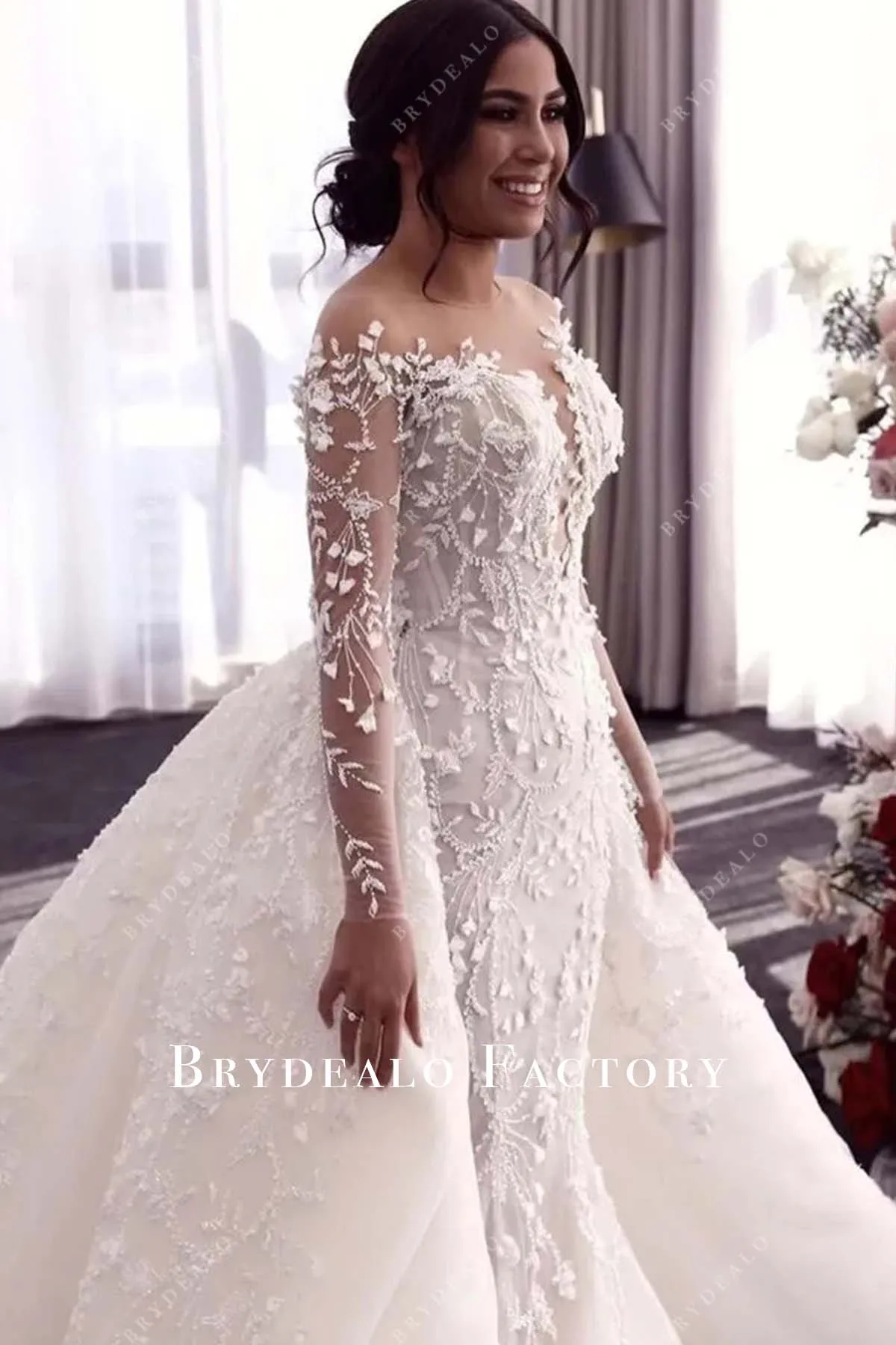 Custom Lace Long Sleeve Mermaid Wedding Dress with Overskirt