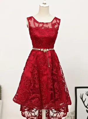 Dark Red High Low Lace Party Dress Homecoming Dress, Red Short Prom Dress