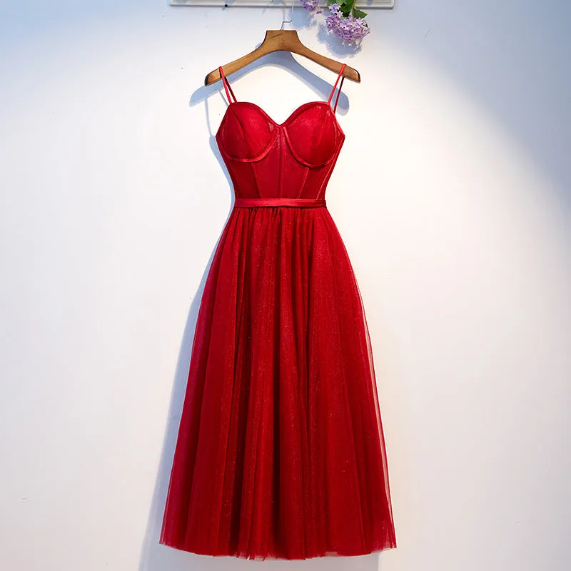 Dark Red Tulle Sweetheart Straps Wedding Party Dress Red Homecoming Dress Prom Dress