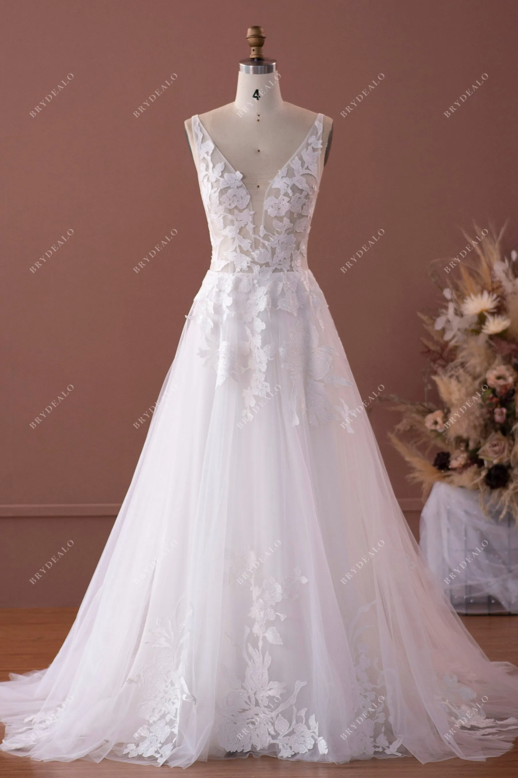 Deep V-neck Designer Lace Tulle Court Train Outdoor Wedding Dress