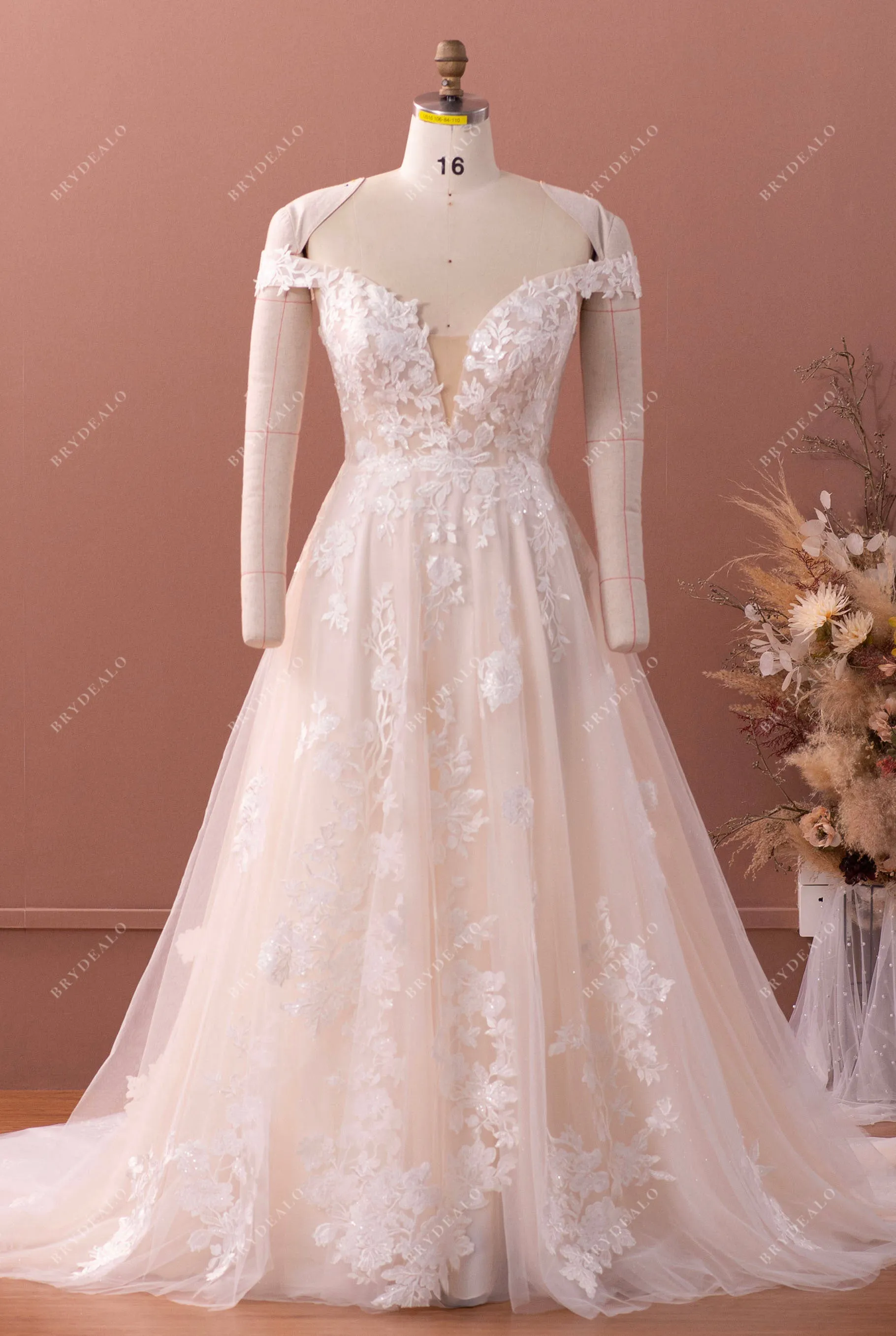 Designer Lace Light Champagne Puffy A-line Destination Wedding Dress