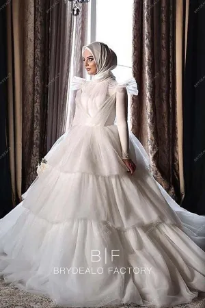 Designer Long Sleeves Tiered Tulle Muslim Ball Gown Bridal Dress