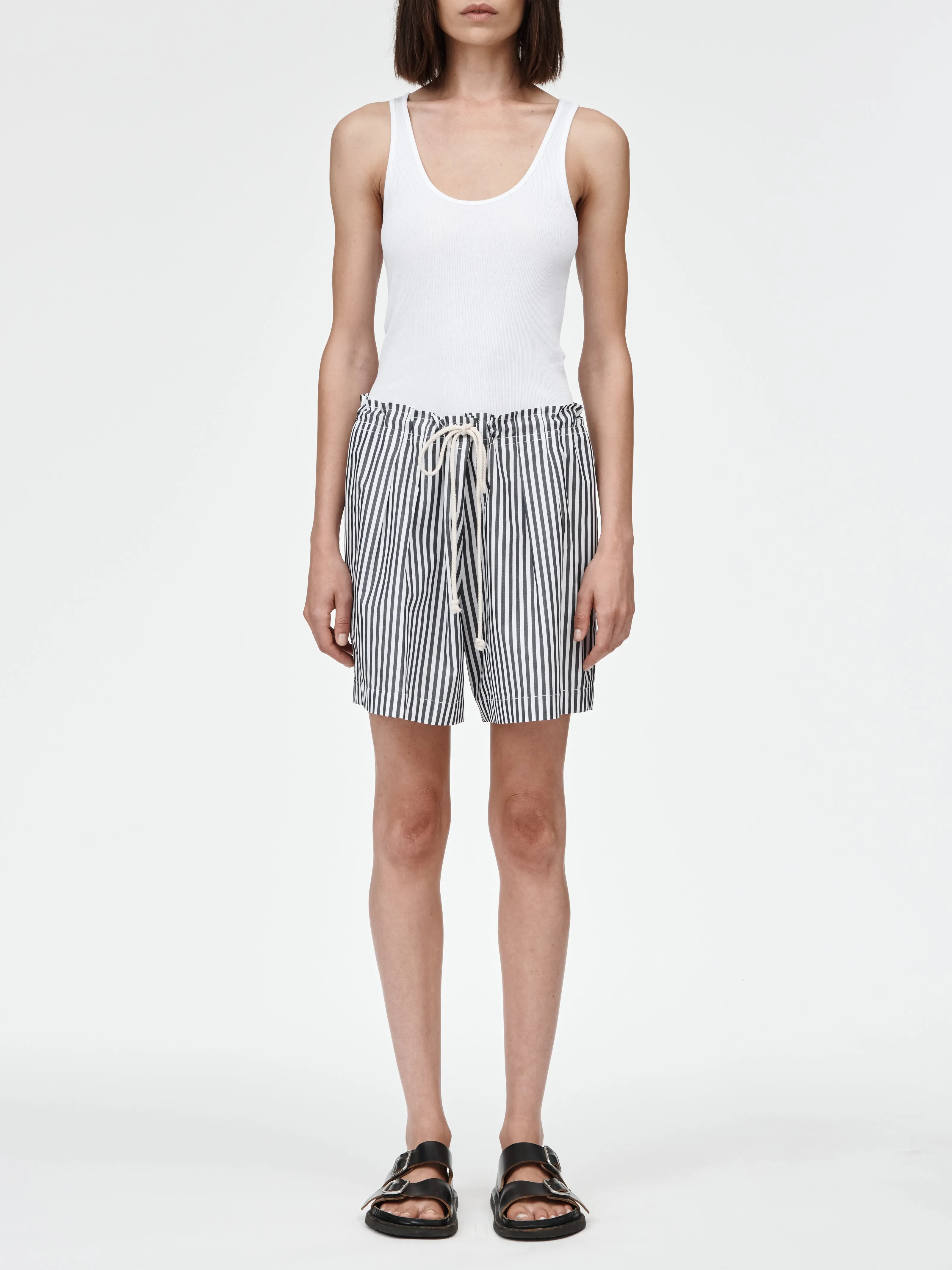 Drawstring Pleat Front Short in Black & White Stripe