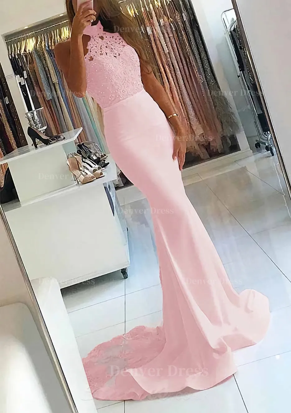 Elastic Satin Court Train Trumpet/Mermaid Sleeveless Halter Covered Button Prom Dress With Beaded