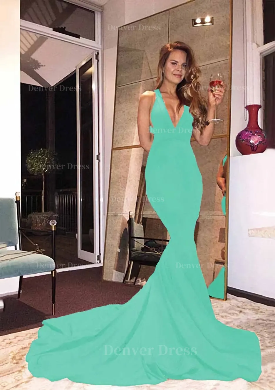 Elastic Satin Court Train Trumpet/Mermaid Sleeveless V-Neck Zipper Prom Dress