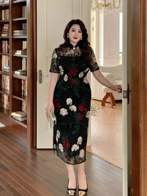 Elegant Floral Cheongsam Dress, Night Flower Whispers 夜色花语 (Preorder)