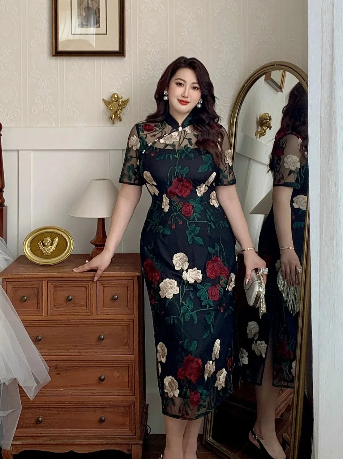 Elegant Floral Cheongsam Dress, Night Flower Whispers 夜色花语 (Preorder)