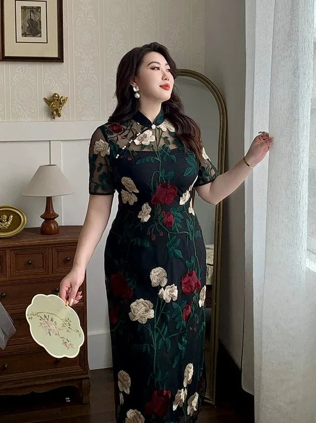 Elegant Floral Cheongsam Dress, Night Flower Whispers 夜色花语 (Preorder)