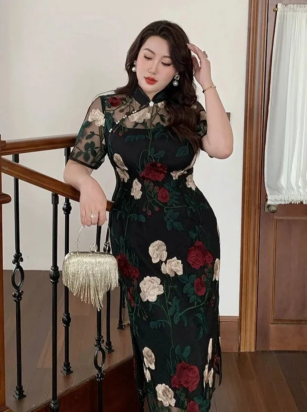 Elegant Floral Cheongsam Dress, Night Flower Whispers 夜色花语 (Preorder)