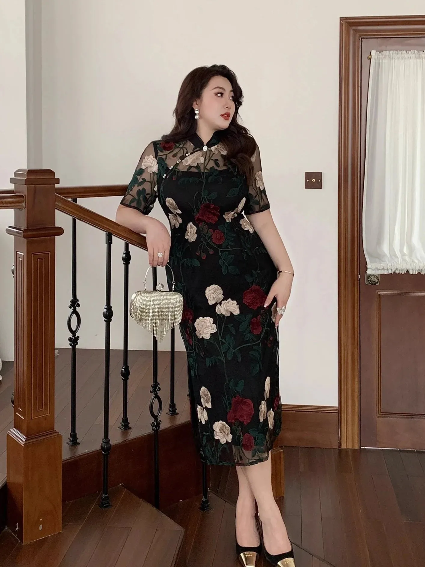 Elegant Floral Cheongsam Dress, Night Flower Whispers 夜色花语 (Preorder)