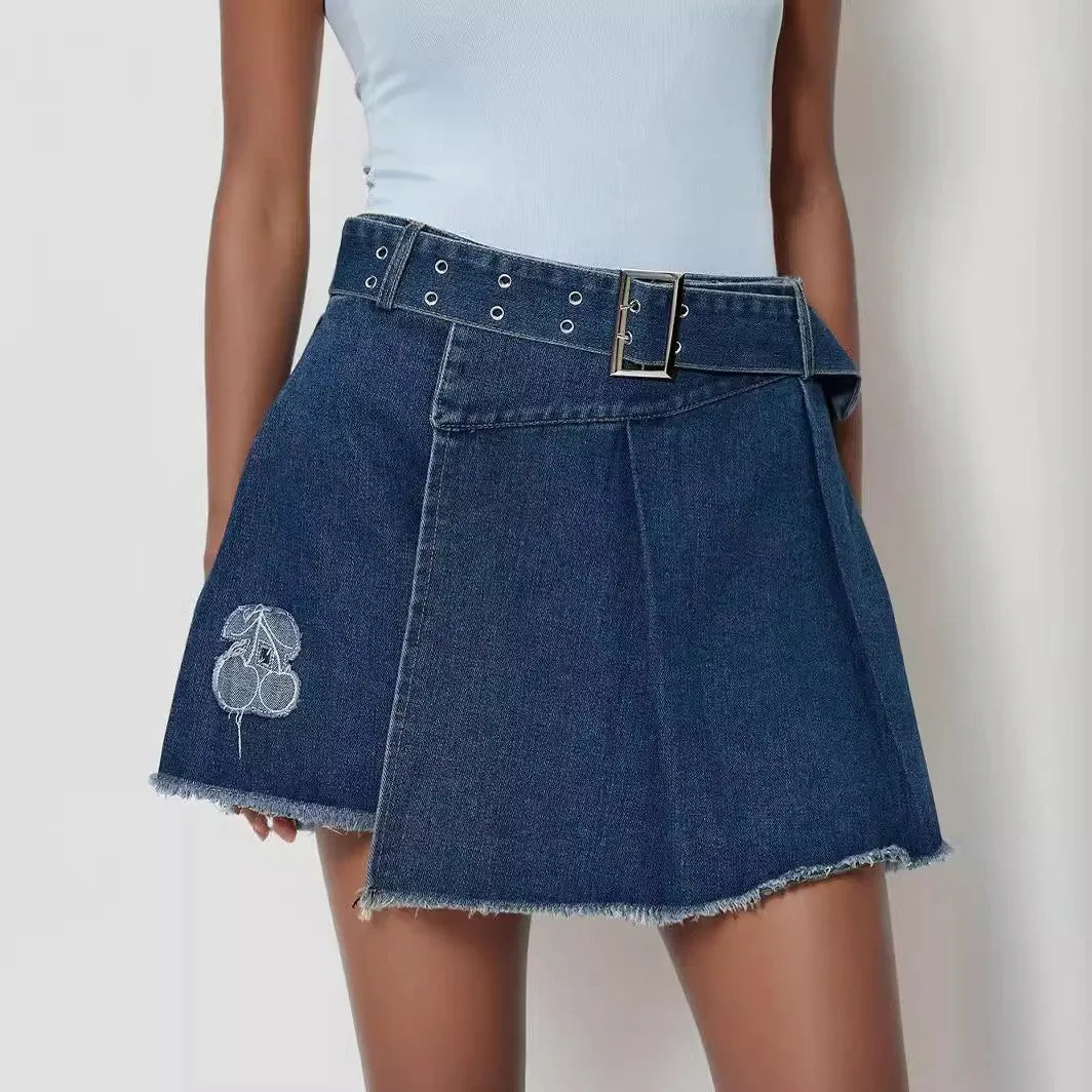 Embroidered Denim Skirt Spring Summer Irregular Asymmetric Skirt Pleated Skirt Denim Shorts