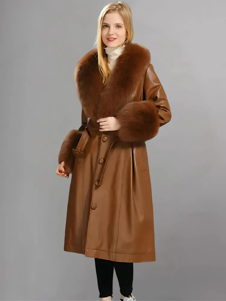 FAUX FUR GENUINE LEATHER COAT IN BROWN