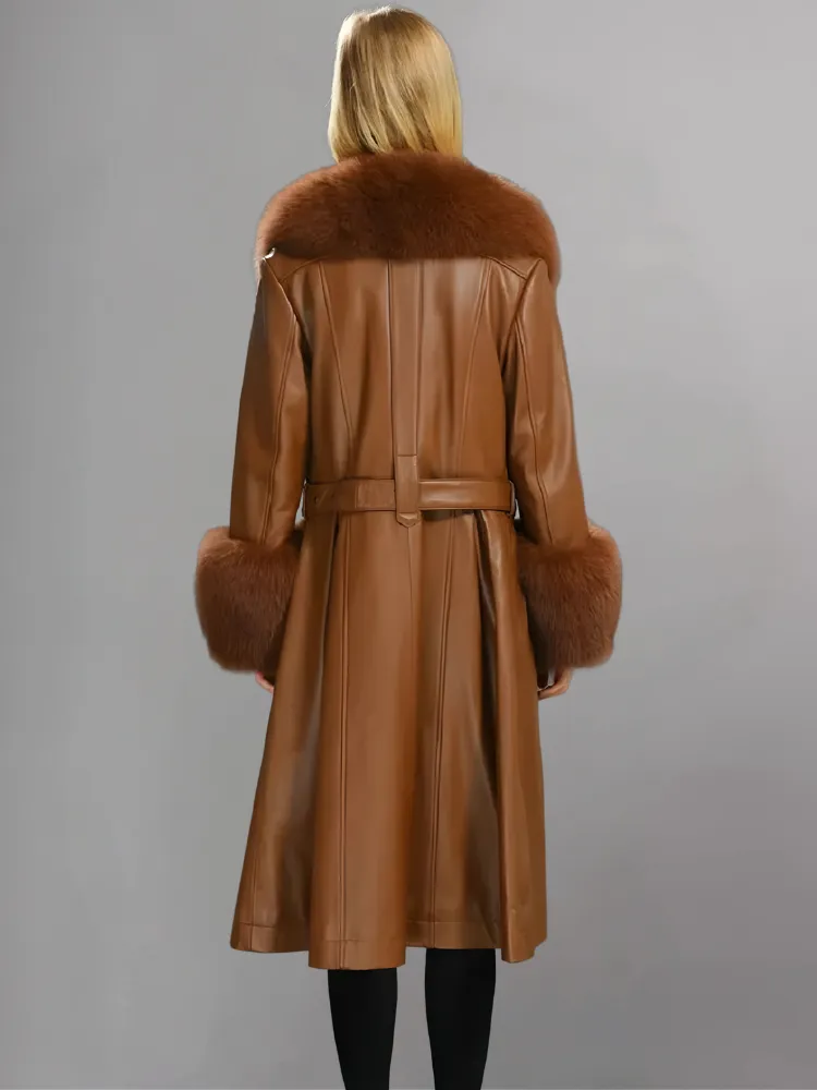 FAUX FUR GENUINE LEATHER COAT IN BROWN