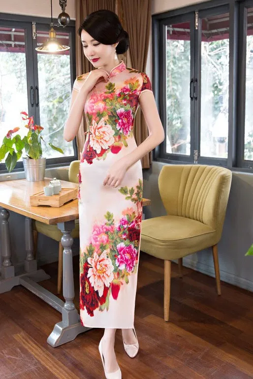 Floral Print Long Qipao Dress