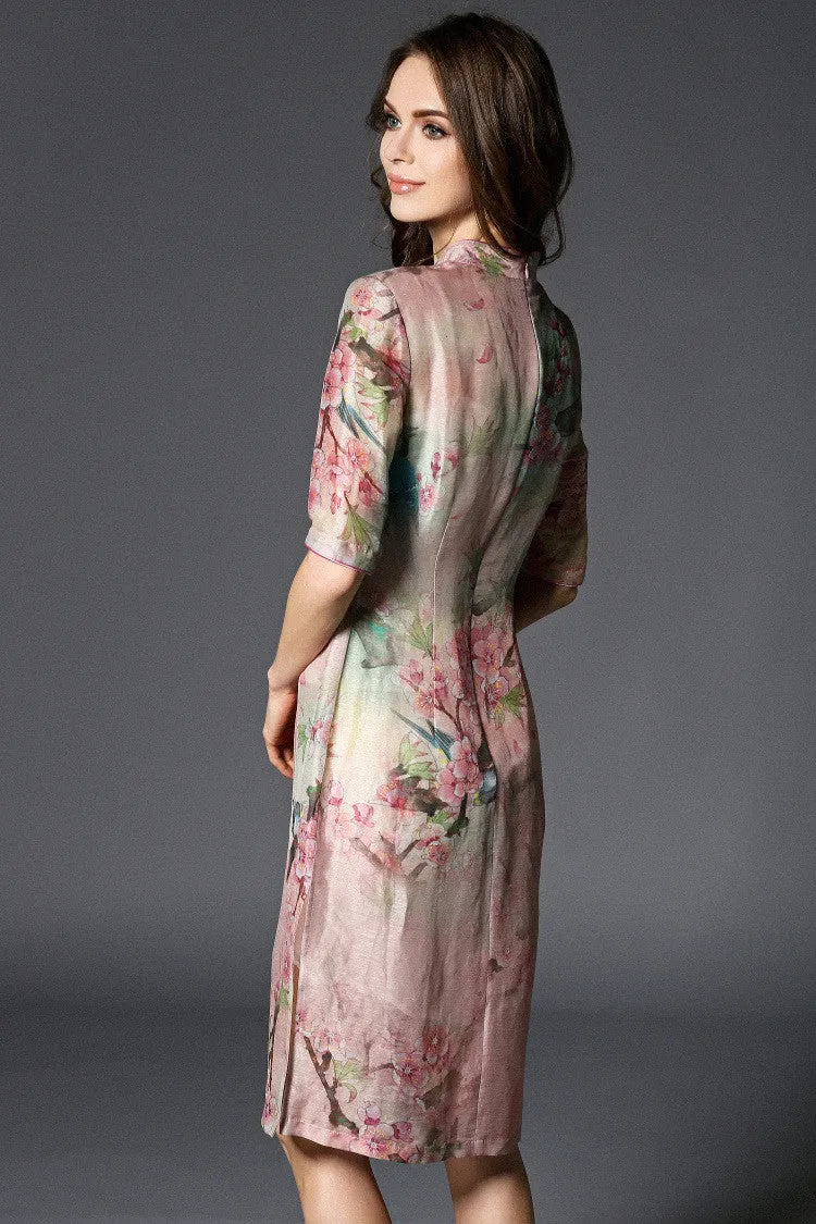 Flower and Bird Print Qipao Dress