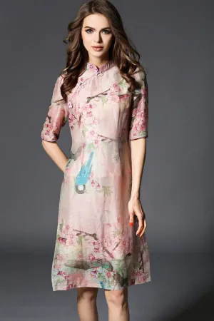 Flower and Bird Print Qipao Dress