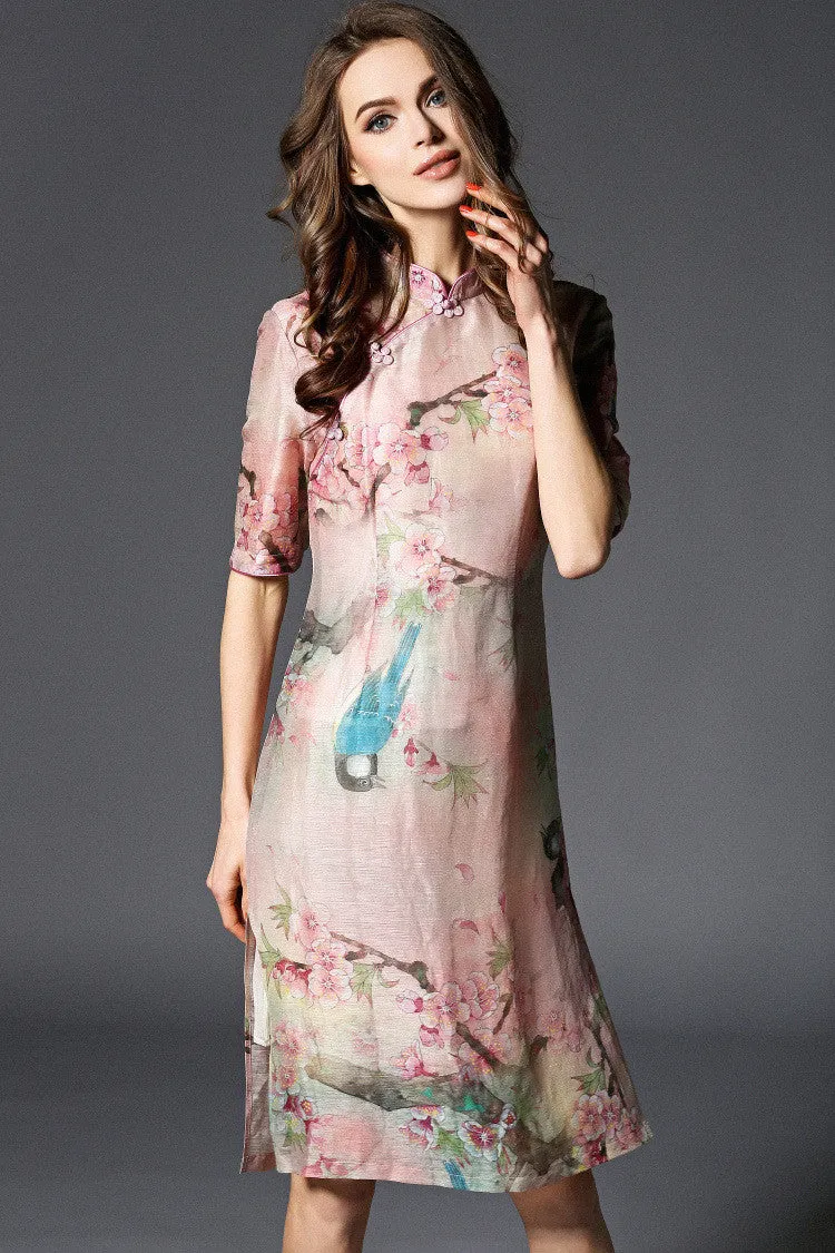 Flower and Bird Print Qipao Dress