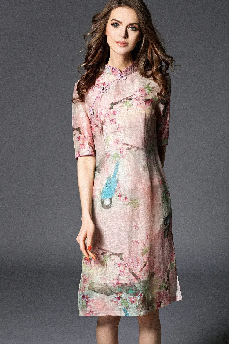 Flower and Bird Print Qipao Dress