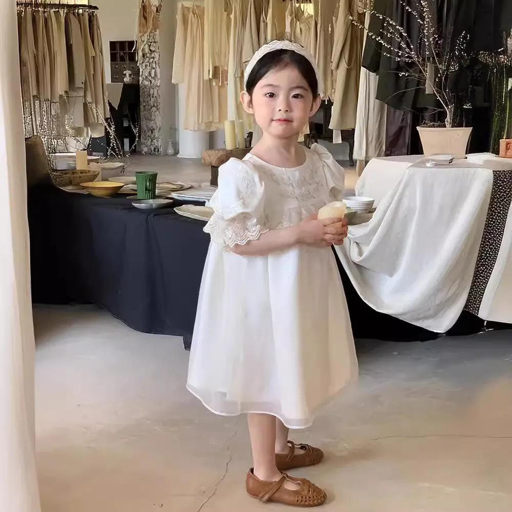 Girls' Court Style Dress  Summer New Korean Style Children's Machine Embroidery Princess Dress Tulle Skirt