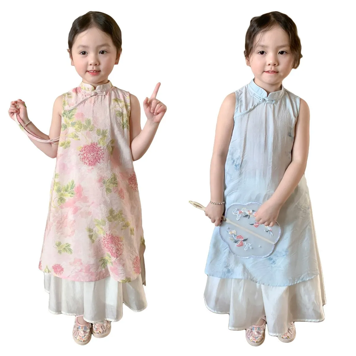 Girls' Floral Two-Piece Cheongsam Dress Set