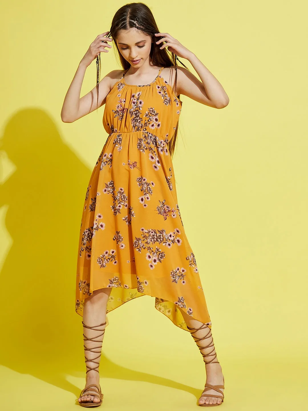 Girls Mustard Floral Strappy Dress