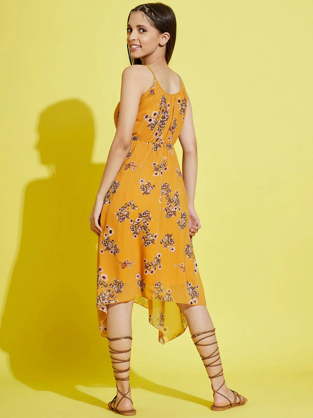 Girls Mustard Floral Strappy Dress