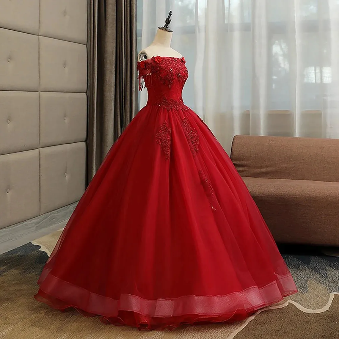 Glam Wine Red Quinceanera Dress Party Dress Tulle Long Embroidered with Flowers Formal Dress