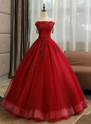 Glam Wine Red Quinceanera Dress Party Dress Tulle Long Embroidered with Flowers Formal Dress