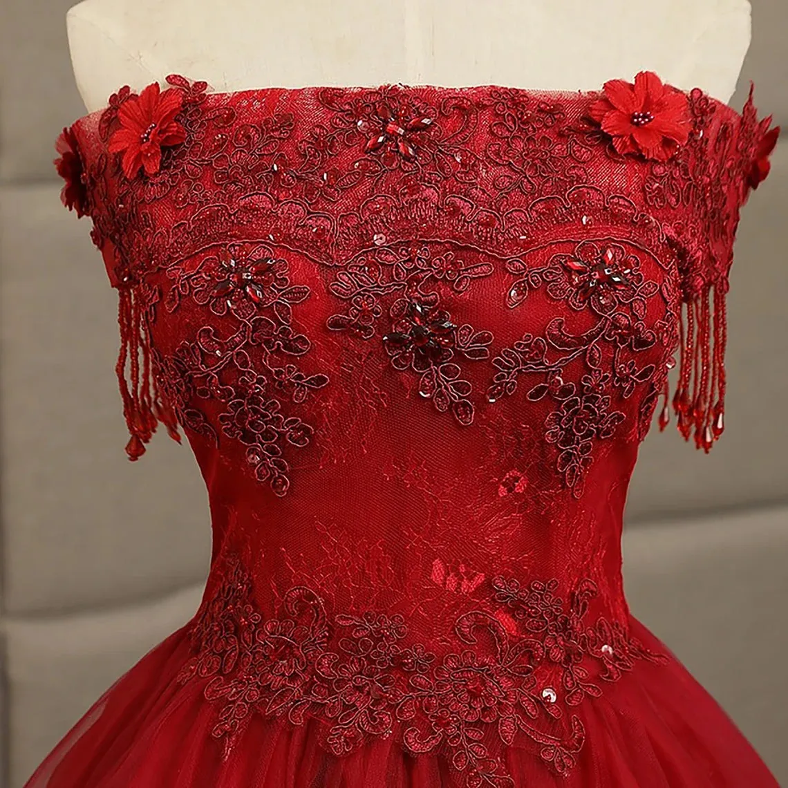 Glam Wine Red Quinceanera Dress Party Dress Tulle Long Embroidered with Flowers Formal Dress