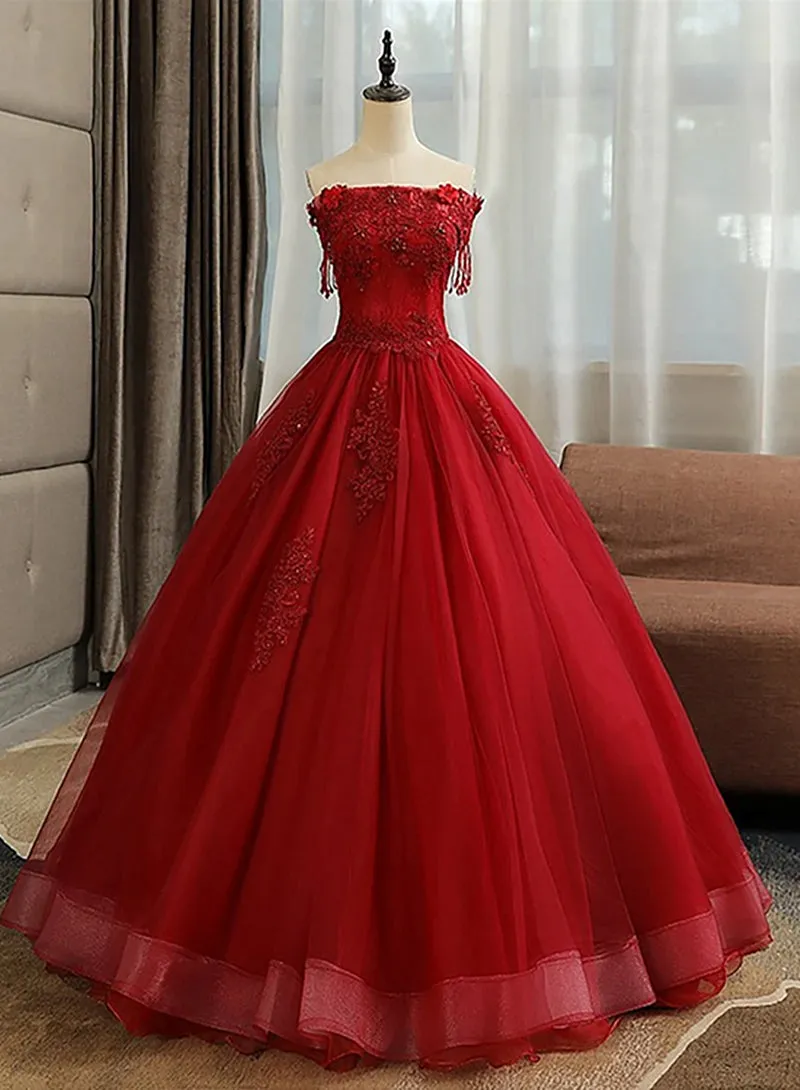 Glam Wine Red Quinceanera Dress Party Dress Tulle Long Embroidered with Flowers Formal Dress