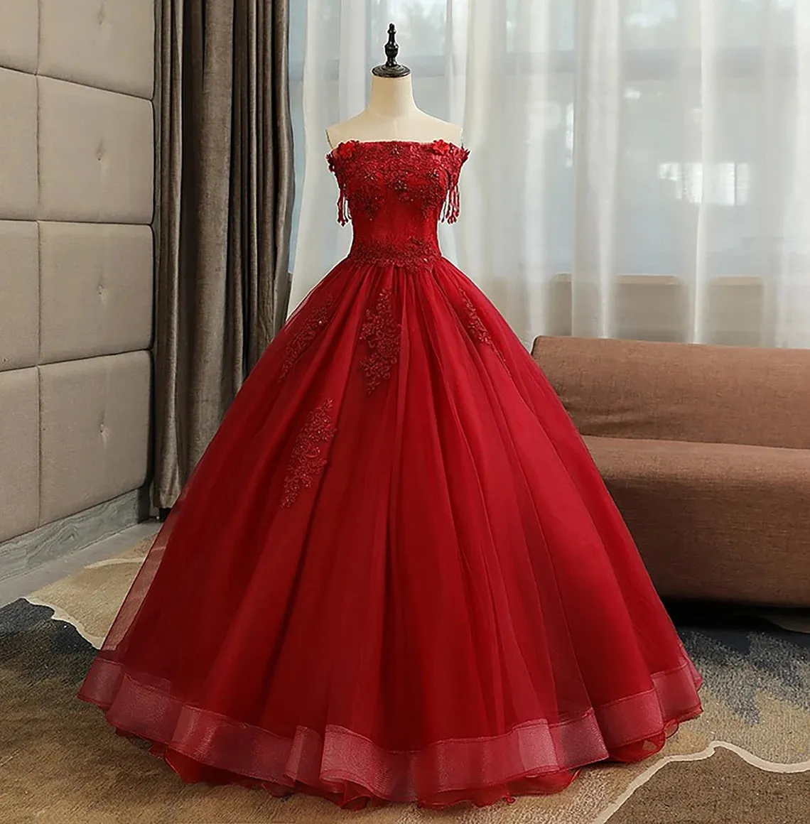 Glam Wine Red Quinceanera Dress Party Dress Tulle Long Embroidered with Flowers Formal Dress