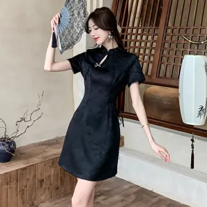 IKERRLAX Black Cheongsam New  Improved Young Girl Short Summer New Chinese Style Dress Slim Fit National Trendy Style