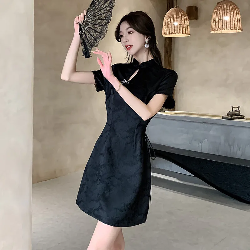 IKERRLAX Black Cheongsam New  Improved Young Girl Short Summer New Chinese Style Dress Slim Fit National Trendy Style