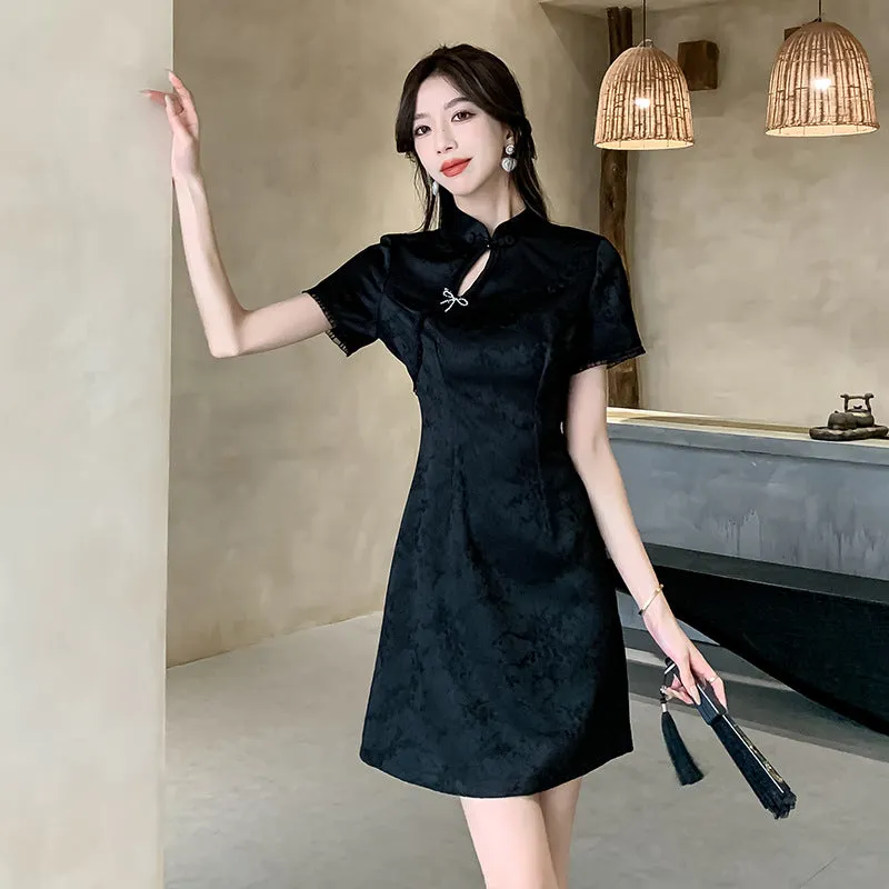 IKERRLAX Black Cheongsam New  Improved Young Girl Short Summer New Chinese Style Dress Slim Fit National Trendy Style