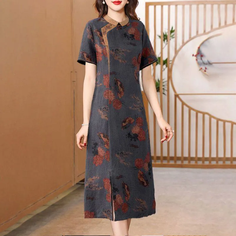 IKERRLAX Turtle Crack Gambiered Guangdong Silk Dress Women's Mulberry Silk Noble Slim Temperament plus Size Cheongsam Dress