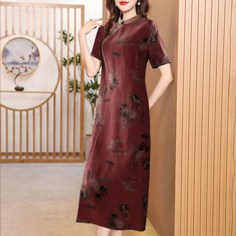 IKERRLAX Turtle Crack Gambiered Guangdong Silk Dress Women's Mulberry Silk Noble Slim Temperament plus Size Cheongsam Dress