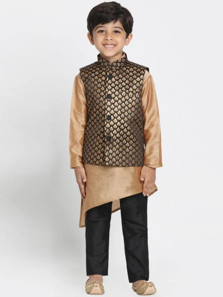 Jashvi Boys' Gold Cotton Silk Blend Kurta, Black Nehru Jacket and Pyjama Set