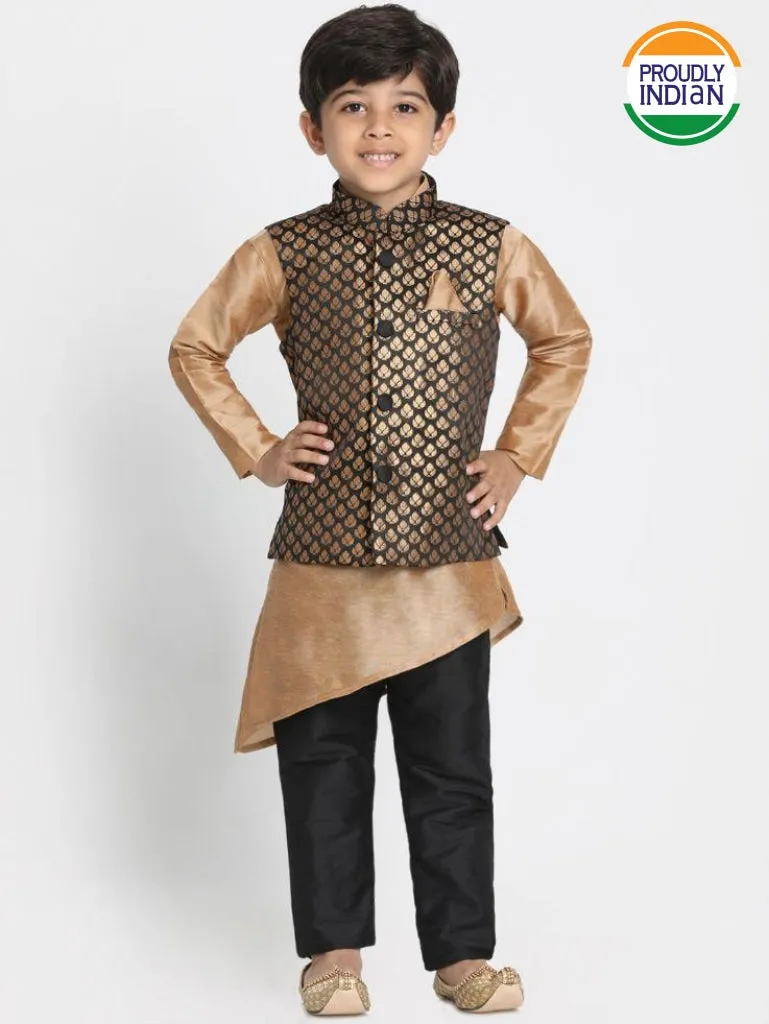 Jashvi Boys' Gold Cotton Silk Blend Kurta, Black Nehru Jacket and Pyjama Set