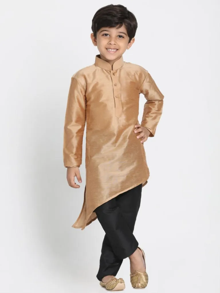 Jashvi Boys' Gold Cotton Silk Blend Kurta, Black Nehru Jacket and Pyjama Set