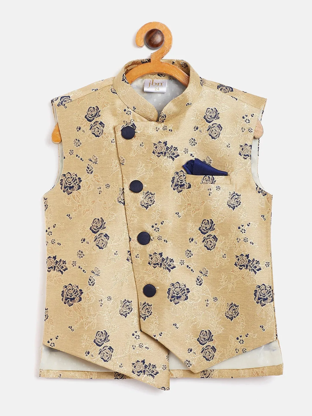 Jashvi Boy's Navy Blue Asymmetric Banarasi Brocade Nehru Jacket