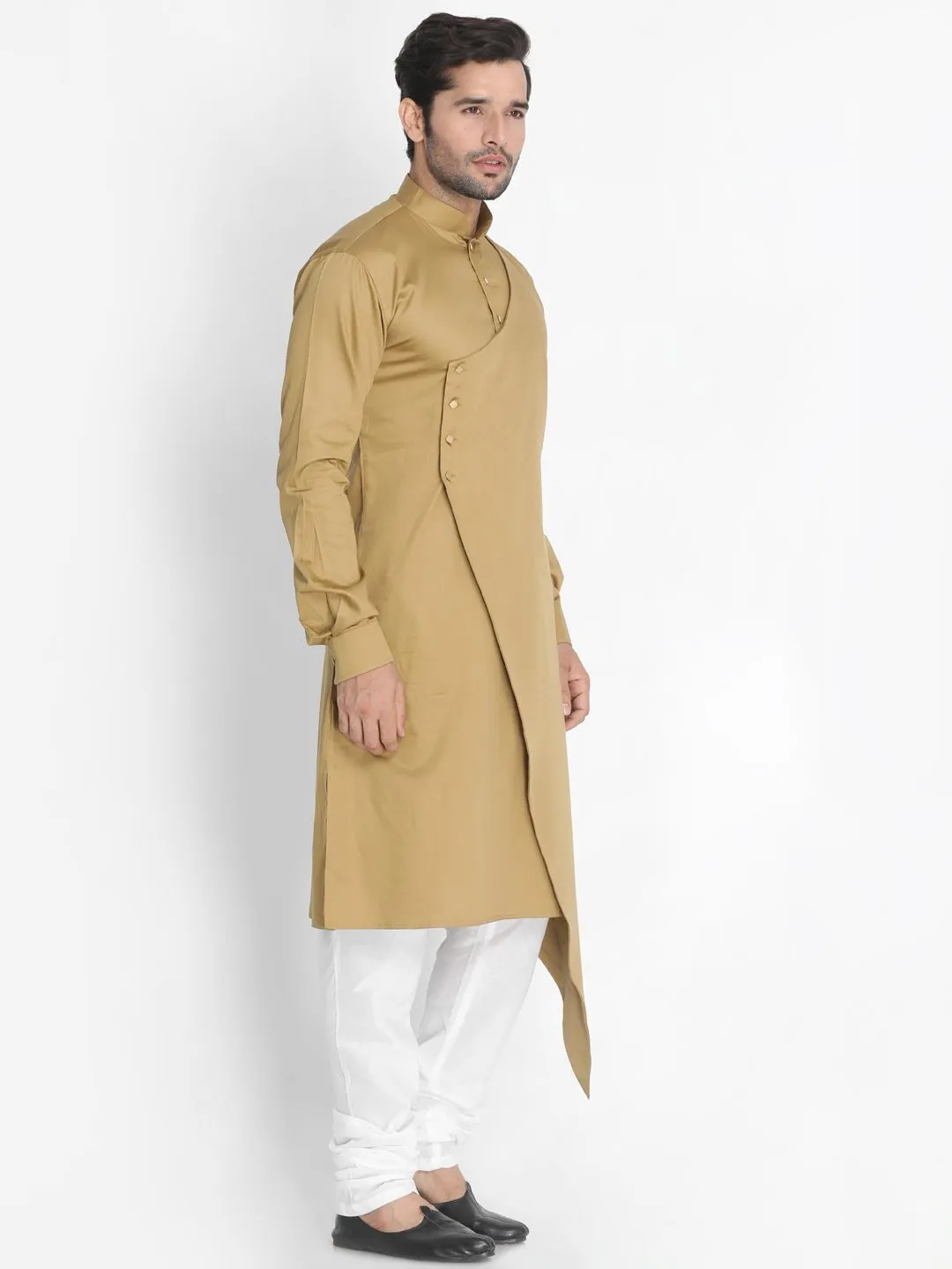 Jashvi Men's Beige Cotton Silk Blend Kurta and Churidar Set